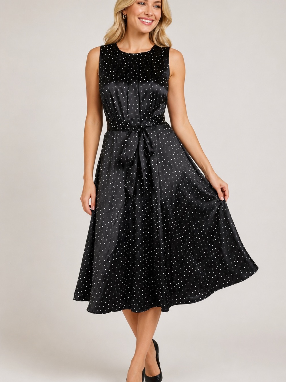 Kristin Davis Dress Size 6 Black & White Polka Dot Sleeveless Midi Waist Tie